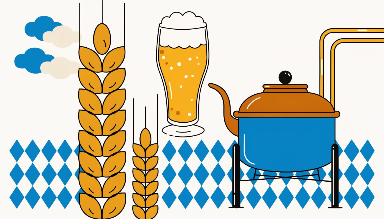 Illustrierte Weissbier-Brauerei Karg mit frisch gezapftem Weissbier im Glas und kupfernem Sudkessel